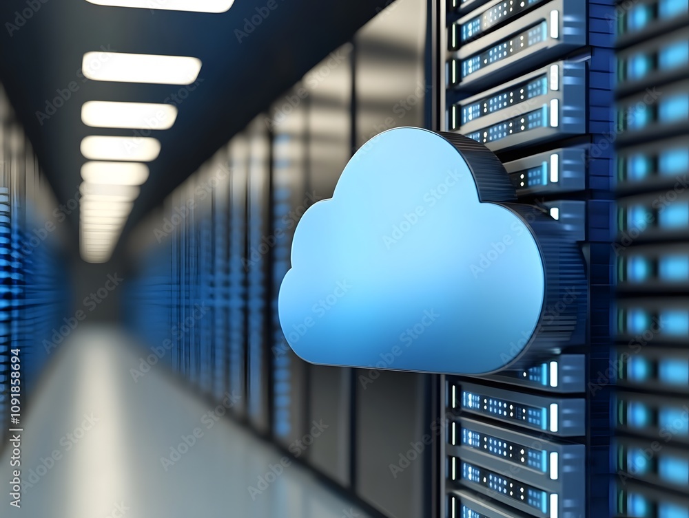 Poster a digital cloud icon in a server room, symbolizing cloud computing and data storage.