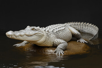 Fototapeta premium A large white alligator is laying on a rock in a body of water. The scene is calm and peaceful, with the alligator appearing to be relaxed and comfortable in its environment