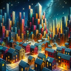 Obraz premium Vibrant skyscrapers loom over a colorful neighborhood of houses, creating a striking contrast against the night sky. The stars and Milky Way add a magical touch to this urban landscape. Gen, A.I.