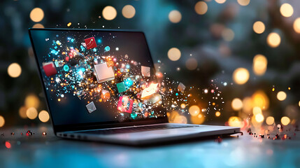 Fototapeta premium laptop displaying vibrant futuristic graphics with colorful icons and glowing effects, creating dynamic digital atmosphere