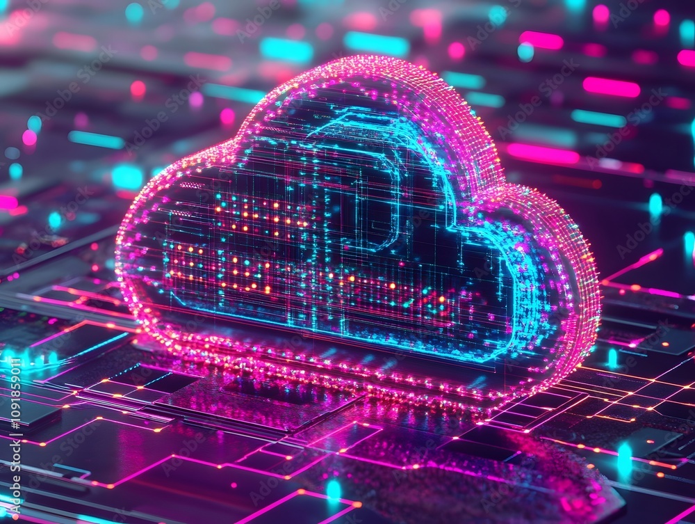 Poster a digital cloud symbol representing data storage and technology in a futuristic design.