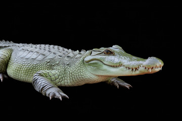 Fototapeta premium A baby alligator is laying on its back with its mouth open. The image has a calm and peaceful mood. Black background