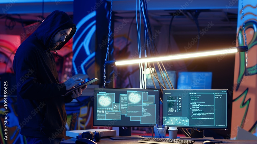 Poster hacker arriving with tablet in hidden base, deploying viruses on unaware victims computers, stealing
