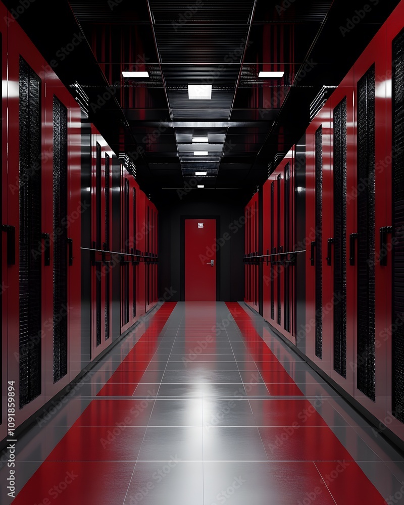 Poster a corridor in a data center featuring red and black server racks and a door.