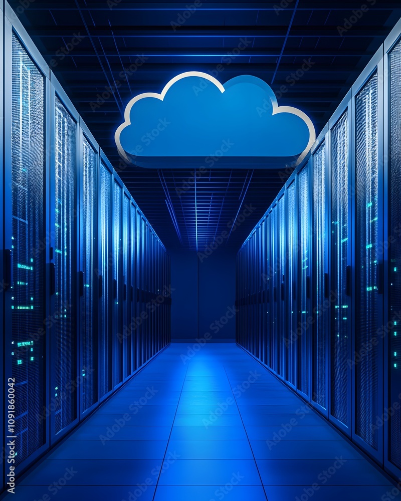 Aufkleber a futuristic data center with a cloud symbol, representing cloud computing technology.