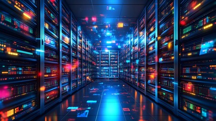 A futuristic server room filled with glowing data servers and vibrant lights.