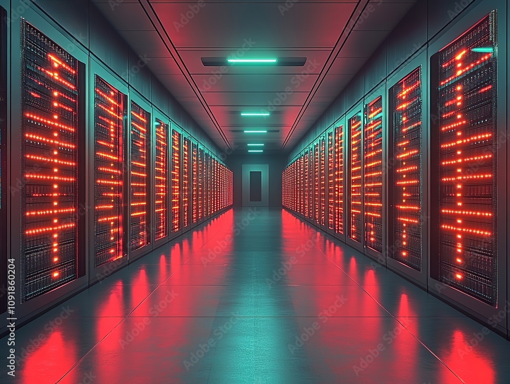 Poster a long hallway with rows of glowing server racks, illuminated with red and green lights. .