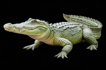 Naklejka premium A green crocodile is laying on a black background. The image has a calm and serene mood. Black background