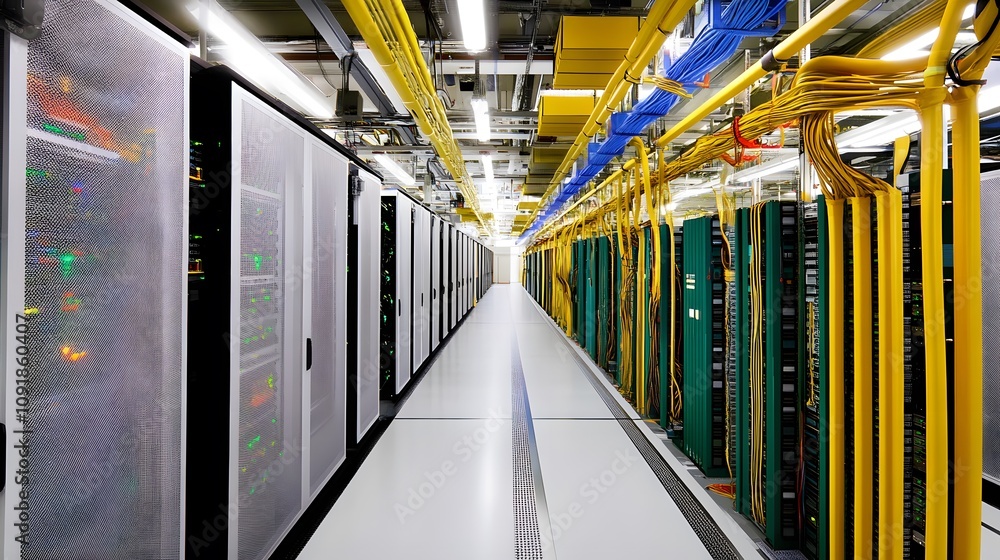 Poster a modern data center with rows of servers and organized cabling for efficient data processing.