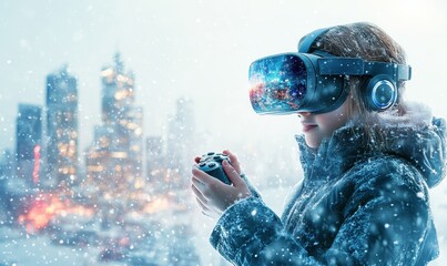 Child wearing a futuristic VR headset and holding a controller, immersed in a virtual winter game with a cityscape background and snow effect.