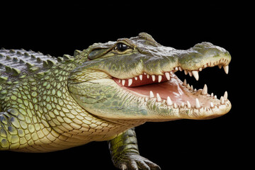 Obraz premium A crocodile is shown with its mouth open, revealing its sharp teeth. Concept of danger and power, as the crocodile is a formidable predator in the wild. The contrast between the dark background
