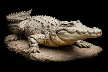 Obraz premium A large crocodile is laying on a rock. The crocodile is white and has a black snout. Black background