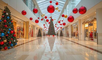 Colorful and vibrant mall decorated with giant Christmas tree and floating ornaments, creating a whimsical holiday shopping experience.