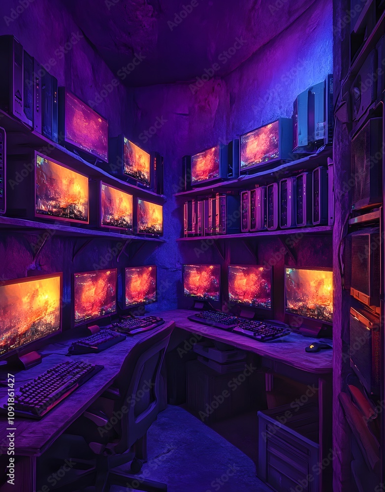 Poster a dimly lit room filled with multiple computer monitors displaying vibrant graphics.