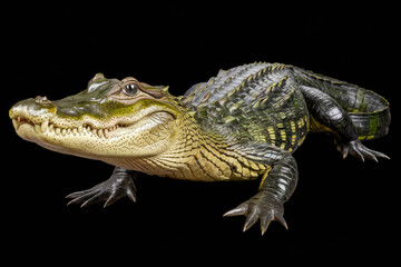 Naklejka premium A small green and black crocodile is laying on the ground. The crocodile is looking at the camera. Black background