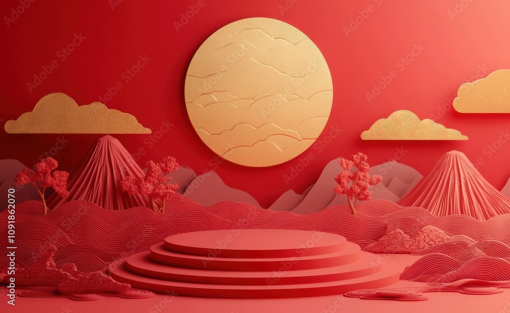 Poster 3d rendering of a minimalist background design featuring abstract clouds and golden circle