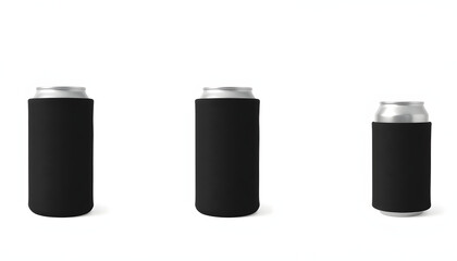 Blank black collapsible beer can koozie mockup isolated, 3d rendering. Empty neoprene cooler holder mock up for tin beverage. Plain drinkware hugger design template. Clear fizzy pop soda sleeve isol