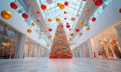 Colorful and vibrant mall decorated with giant Christmas tree and floating ornaments, creating a whimsical holiday shopping experience.