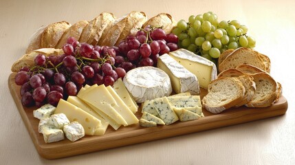 Exquisite French Cheese Board Featuring a Variety of Cheeses, Fresh Grapes, and Artisanal Bread for a Luxurious Culinary Experience