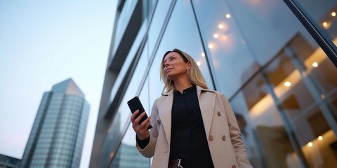 Fototapeta premium A confident American female entrepreneur stepping out of a glass-fronted skyscraper, smartphone in hand, with city lights reflecting on the building, during early evening golden hour