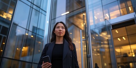 Fototapeta premium A confident Asian female entrepreneur stepping out of a glass-fronted skyscraper, smartphone in hand, with city lights reflecting on the building, during early evening golden hour
