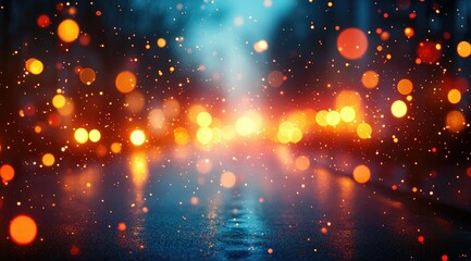 Fototapeta premium Abstract bokeh lights and wet asphalt road at night.