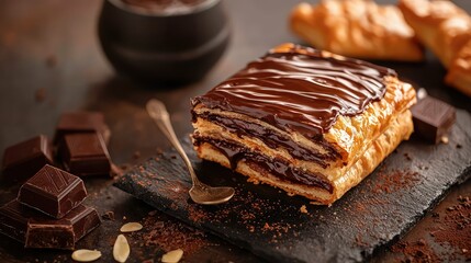 Freshly Baked Pain au Chocolat with Layers of Butter Flaky Pastry and Rich Chocolate Ganache on Dark Slate Background