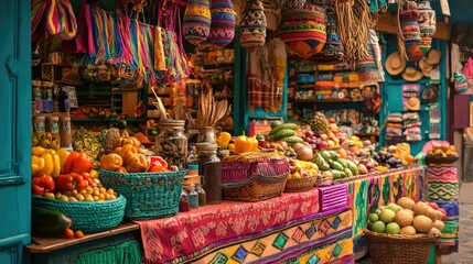 Colorful Market Stall Overflowing with Fresh Mexican Produce and Handcrafted Items in Vibrant Surroundings