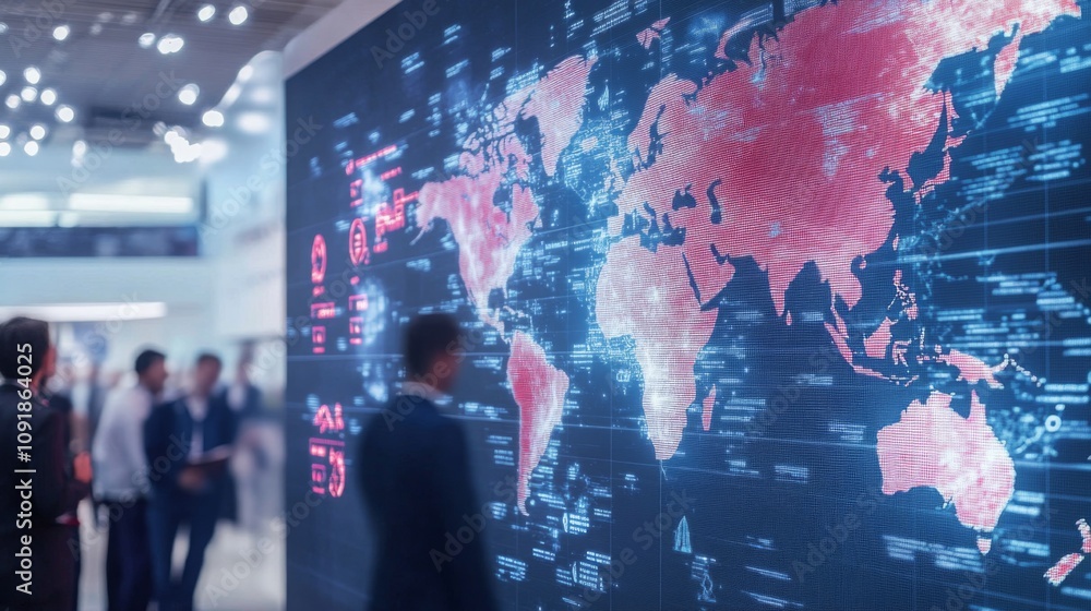 Poster At a technology exposition, attendees engage with a massive digital map highlighting global connections and data flows.