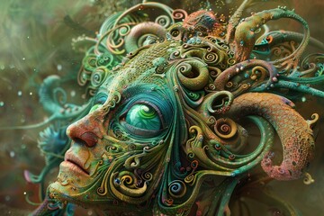 Fototapeta premium A humanoid figure with elaborate patterns entwined around its face stands out in a surreal environment filled with rich colors and organic shapes, evoking a sense of wonder.