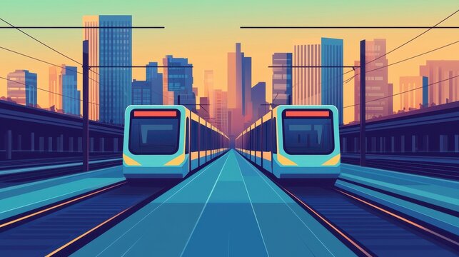 A vibrant cityscape featuring two trains on parallel tracks, with a colorful sunset backdrop and skyscrapers highlighting urban life.