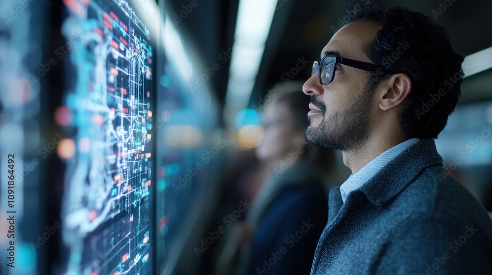 Poster a man in glasses intently examines a digital display, showcasing data and technology in a modern env