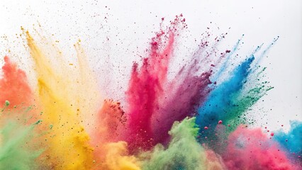 Fototapeta premium Vibrant colorful powder explosion in a wide isolated white background with Holi paint colors scattered everywhere, vibrant hues, holi theme, vibrant colors, rainbow holi powder explosion, white canvas