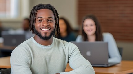 Student engaged in collaborative learning at a university table with peers in a modern classroom setting