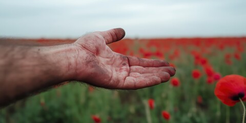 A single wounded hand, with old cuts and grime, resting gently on a poppy, a field-stretching endlessly under an overcast sky