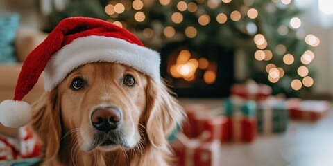 A playful golden retriever wearing a red Santa hat, surrounded by colourful gift boxes under a twinkling Christmas tree
