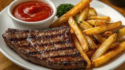 Delicious Steak Plate Served with Golden Fries and Ketchup, Accompanied by Fresh Broccoli in a Cozy Restaurant Setting