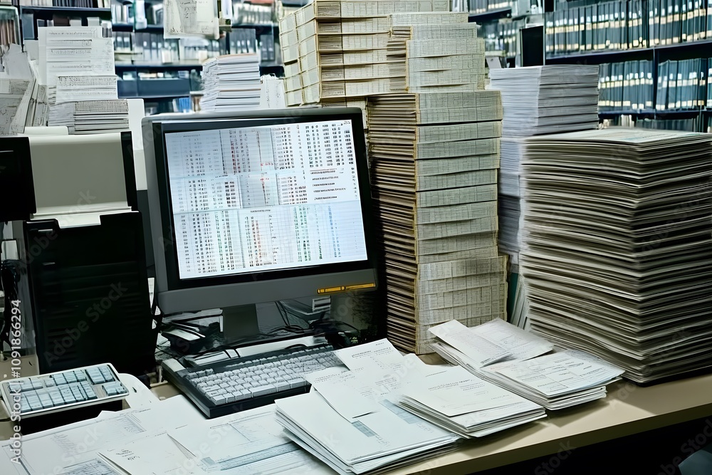 Poster a cluttered office workspace with a computer and stacks of documents.