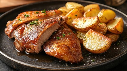 Deliciously Prepared French Duck Confit with Crispy Skin Served Alongside Golden Roasted Potatoes Perfect for a Gourmet Dining Experience