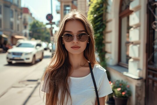 A young woman dressed in a simple white shirt strolls through a lively city street, feeling the warmth of the sun while wearing stylish sunglasses.