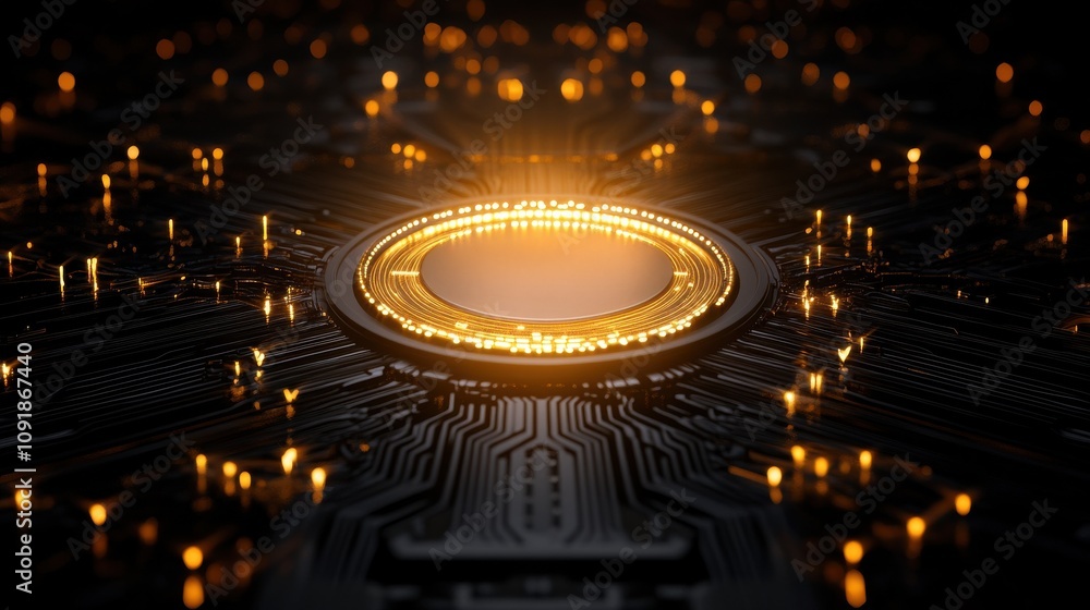 Poster a glowing central hub surrounded by a network of circuits and lights, symbolizing technology and inn