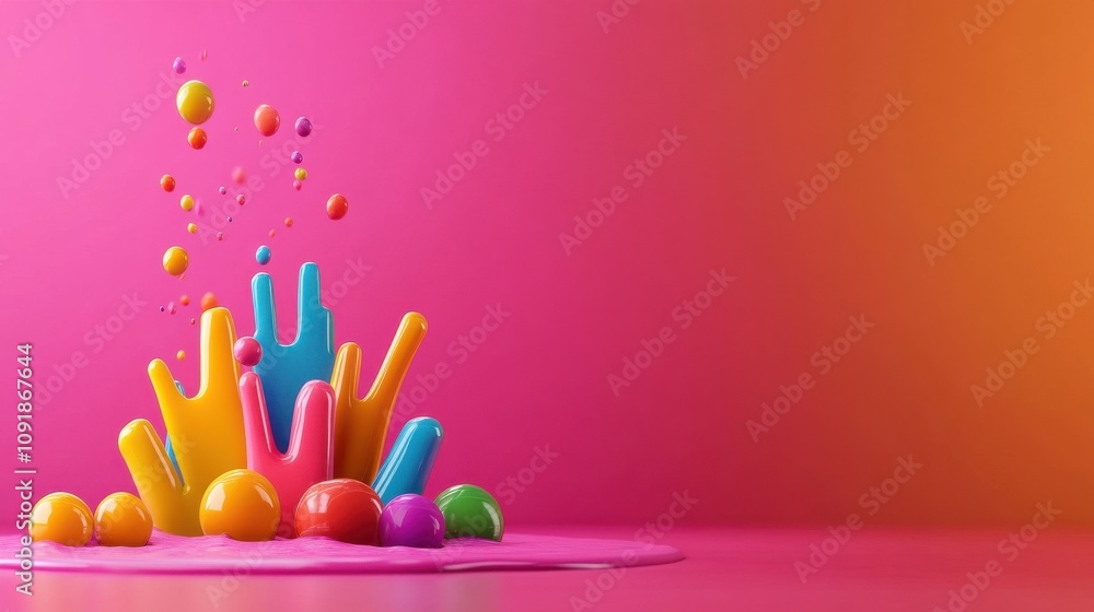 Poster a vibrant splash of colorful paint on a bright pink background, featuring dynamic shapes and droplet