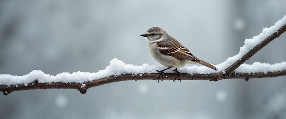 Small bird perched on snowy branch in winter