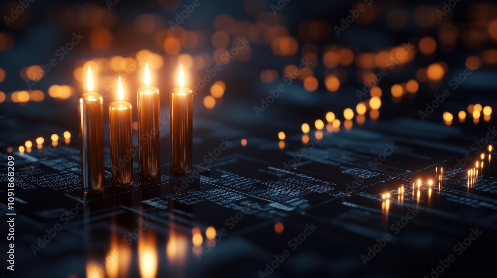 Poster a close-up of glowing candles on a circuit board, blending technology and warmth in a visually strik