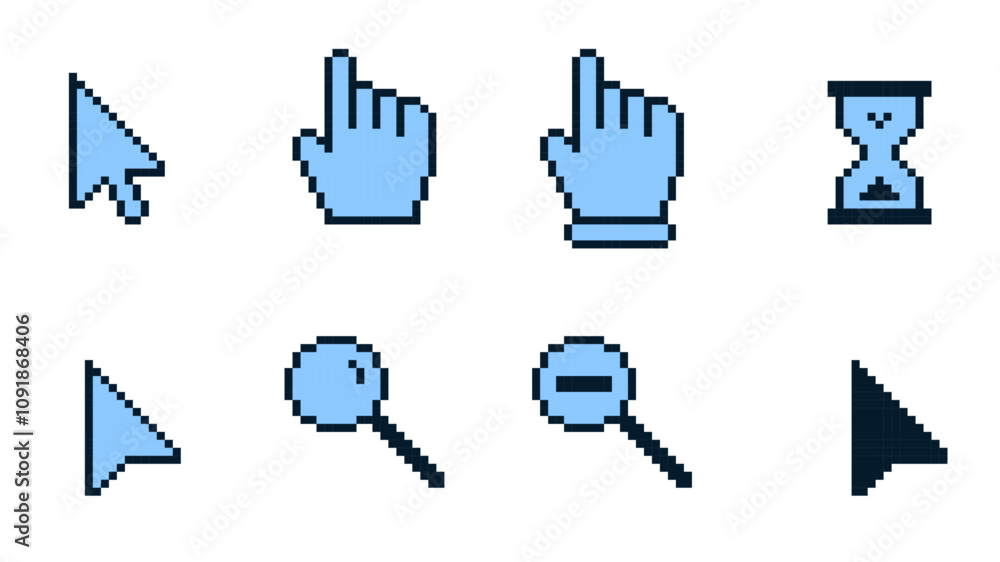 Poster pixel art computer mouse cursors and icons, blue cursor icon set, cursor pointers, cursor mouse icon