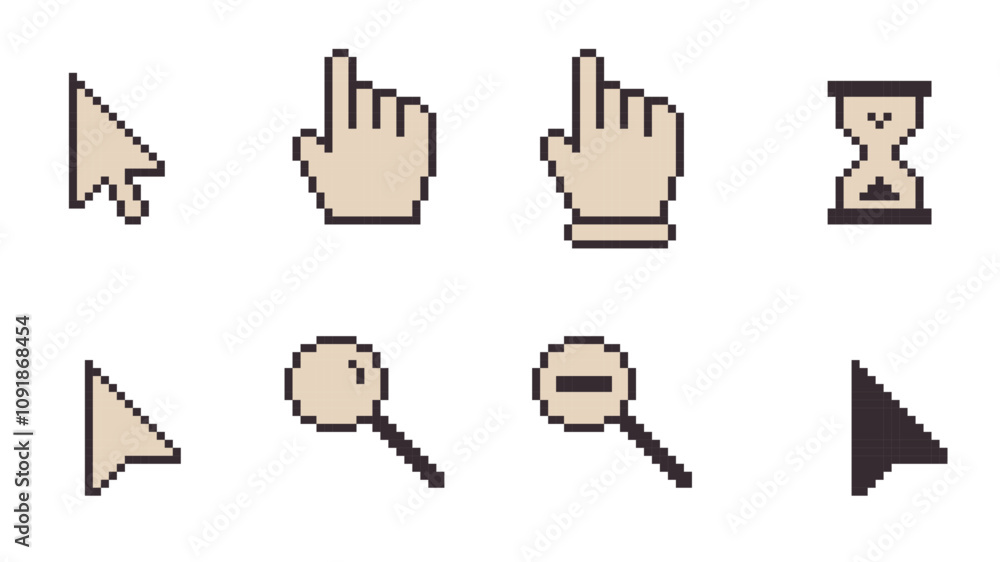 Poster pixel art computer mouse cursors and icons, beige cursor icon set, cursor pointers, cursor mouse ico