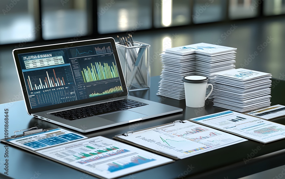 Poster a laptop displays data analytics with printed reports and a coffee cup on a modern table.