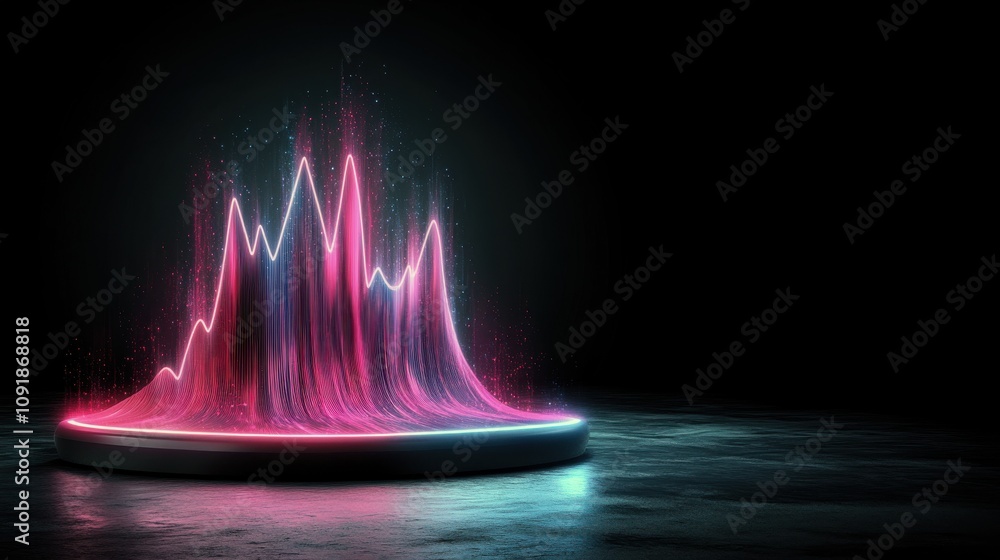 Poster a vibrant, abstract visualization of sound waves with peaks and valleys, illuminated in pink and blu