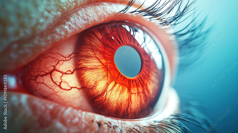 Poster glaucoma. a close-up of a striking red eye, featuring intricate patterns and visible blood vessels, 