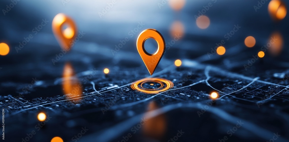 Aufkleber A digital map with glowing orange location pins against a blue background, symbolizing navigation and geolocation technology.